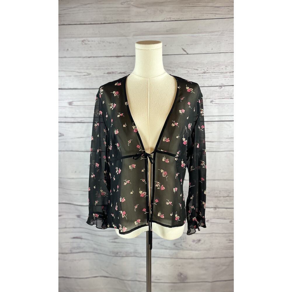 Ann Taylor Black Silk Floral Sheer Wrap Blouse Pink Tie Front Romantic Top Sz 10